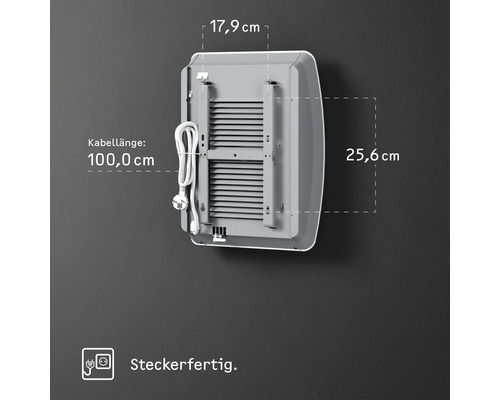 Handtuchwärmer mit den Maßen 17,9 cm x 25,6 cm und einer Kabellänge von 100 cm