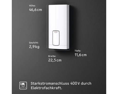 Elektrischer Warmwasserspeicher mit den Massen 46,6 cm Höhe, 2,9 kg Gewicht, 22,5 cm Breite und 11,6 cm Tiefe.