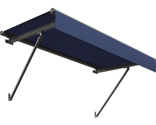 Gelenkarmmarkise mit blauem Stoff und dunklem Gestell