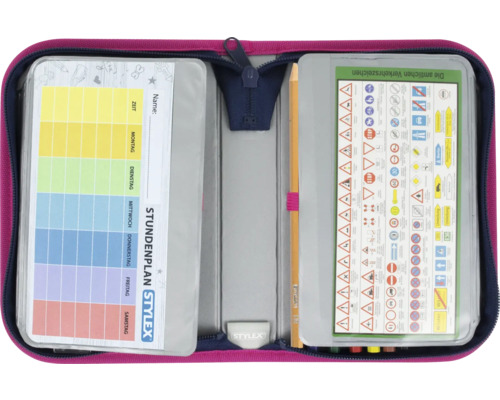 Schlamperbox gefüllt mit Stundenplan, Bleistift und Verkehrszeichenübersicht