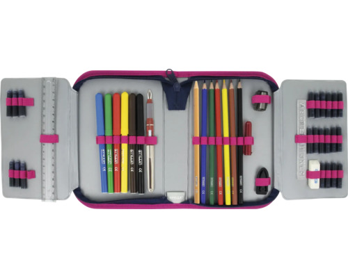 Federmappe mit Stiften, Lineal, Tintenpatronen und Radiergummi