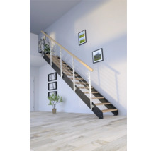 Treppe mit Metallgeländer und Holzstufen in einem hellen Raum