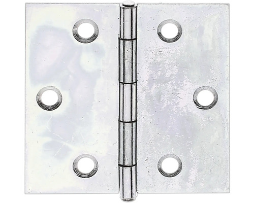 Scharnier quadratisch mit vernietetem Messingstift, 51 x 51,2 mm, sendzimirverzinkt Türscharnier aus Metall mit sechs Löchern für Schrauben