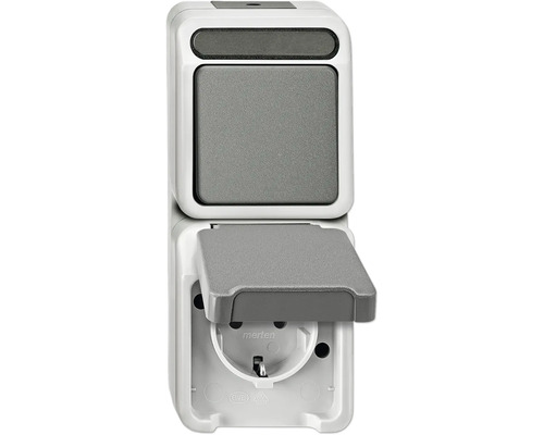 Merten MEG3495-8029 Kombination Steckdose + Wechselschalter Aquastar lichtgrau Aufputz Schalter und Steckdose mit Klappdeckel