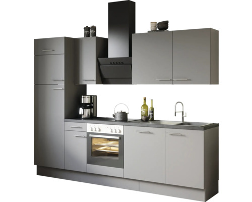 Komplette Küchenzeile mit Ober- und Unterschränken, Dunstabzugshaube und Elektrogeräten