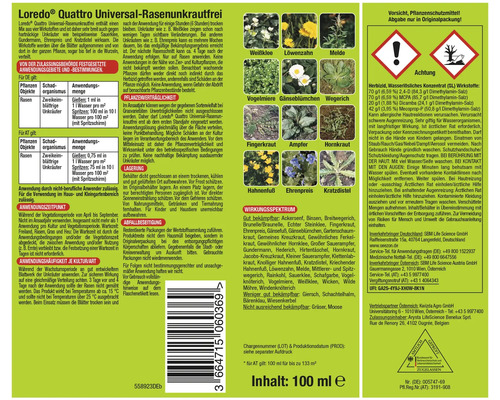 Loredo Quattro Universal Rasenunkrautfrei Produktverpackung mit Anwendungs- und Sicherheitshinweisen