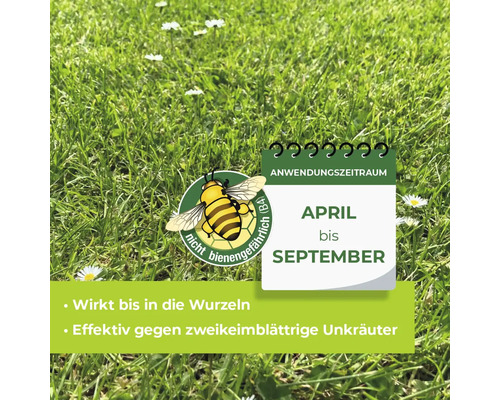 Information zur Anwendungszeit von April bis September und zur Bienenungefährlichkeit eines Produkts zur Unkrautbekämpfung im Rasen