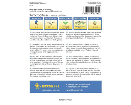 Winterportulak Samenpackung mit Informationen zu Aussaat, Saattiefe, Keimung, Abstand und Ernte
