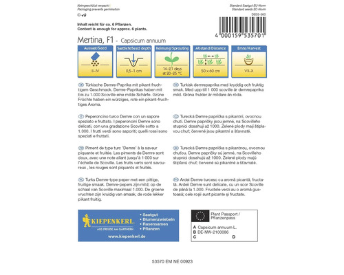 Mertina F1 Capsicum annuum Saatguttüte mit Informationen zu Aussaat, Saattiefe, Keimung, Abstand und Ernte
