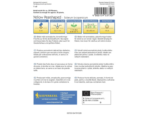 Gelbe Birnenförmige Tomatensamenpackung der Sorte Solanum lycopersicum