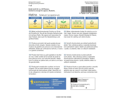 Matina Tomatensamenpackung mit Informationen zu Aussaat, Pflanztiefe, Keimung, Abstand und Erntezeit