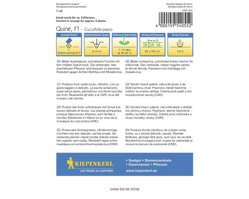 Samenpackung Quine F1 - Cucurbita pepo mit Informationen zu Aussaat, Saattiefe, Keimung, Abstand und Erntezeit