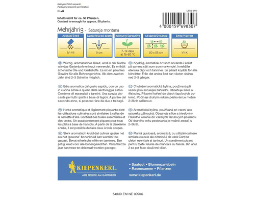 Mehrjährig Satureja montana Samenpackung mit Informationen zu Aussaat, Saattiefe, Keimung, Abstand und Ernte