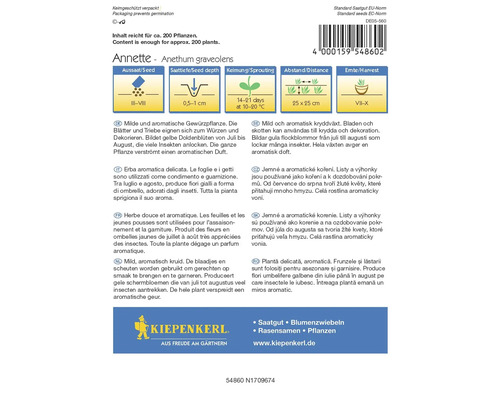 Verpackung der Anethum graveolens Annette Sämereien von Kiepenkerl mit Informationen zu Aussaat, Keimung und Ernte