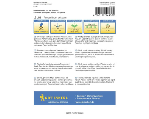 Laura Petersilie Samenpackung von Kiepenkerl mit Informationen zu Aussaat, Keimung, Abstand und Ernte