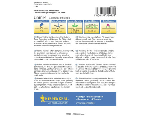 Einjährige Ringelblume Calendula officinalis mit Anweisungen zu Aussaat, Saattiefe, Keimung, Abstand und Blütezeit