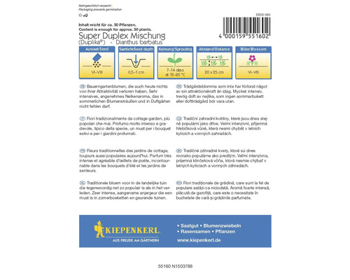 Verpackung der Super Duplex Mischung (Duplika) - Dianthus barbatus mit Informationen zu Aussaat, Saattiefe, Keimung, Abstand und Blütezeit