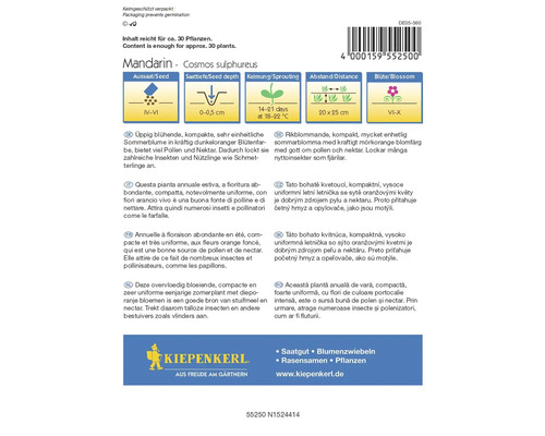 Samenpackung Mandarin Cosmos Sulphureus mit Informationen zu Aussaat, Pflanztiefe, Keimung, Abstand und Blütezeit