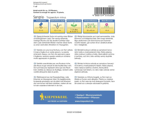 Samenpackung Sangria Tropaeolum minus mit Informationen zu Aussaat, Saattiefe, Keimung, Abstand und Blütezeit