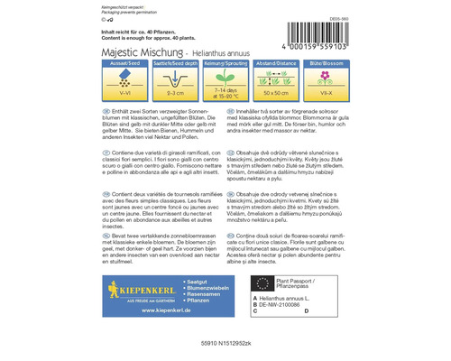 Samenpackung Majestic Mischung Helianthus annuus mit Informationen zu Aussaat, Blütezeit und Pflanzenpass