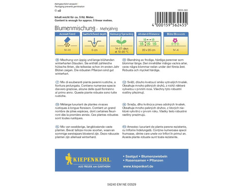 Blumenmischung mehrjährig, Informationen zu Aussaat, Saattiefe, Keimung, Abstand und Blütezeit