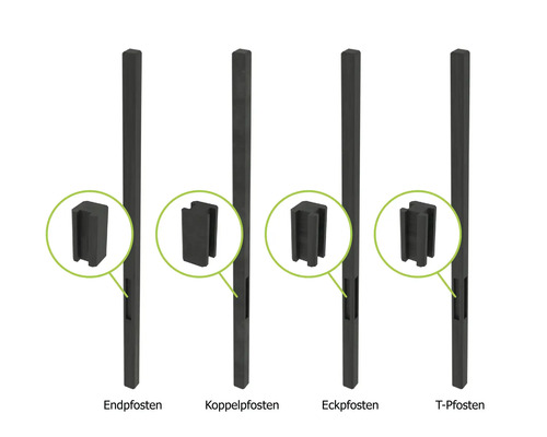 Verschiedene Zaunpfosten aus Kunststoff mit Halterungen
