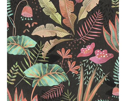 Vliestapete 39348-1 Famous Garden Blätter schwarz Stoff mit tropischem Pflanzenmuster