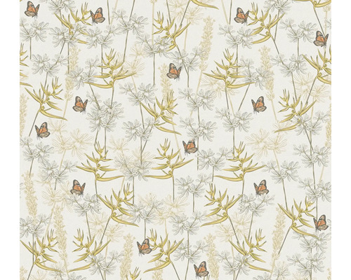 Vliestapete Drawn into Nature blätter floral weiß Tapete mit Blumen- und Schmetterlingsmuster