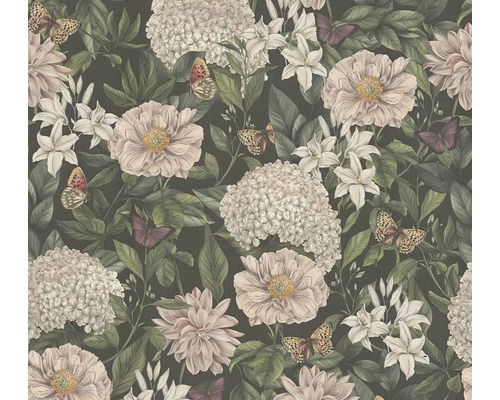 Vliestapete 39426-1 Drawn into Nature Blüten schwarz dunkelgrün Tapete mit Blumen und Schmetterlingen