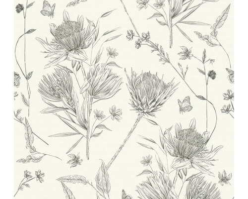 Vliestapete Drawn into Nature Wiesenblumen weiß schwarz Tapete mit floralem Muster, Protea und Schmetterlingen