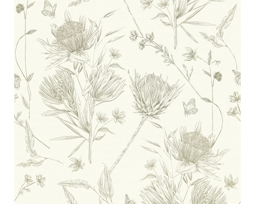 Vliestapete Drawn into Nature Wiesenblumen weiß grün Tapete mit floralem Muster und Protea-Motiven
