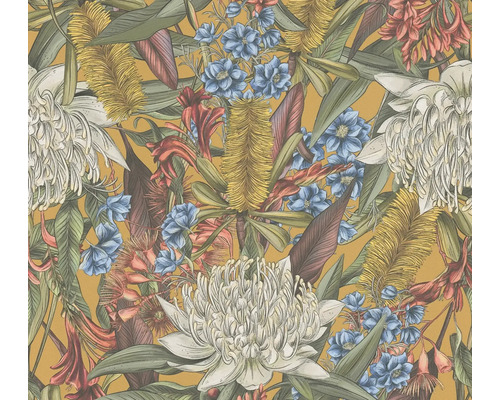 Vliestapete 39428-4 Drawn into Nature Blumenmix gelb grün blau Tropisches Blütenmuster für Wandgestaltung