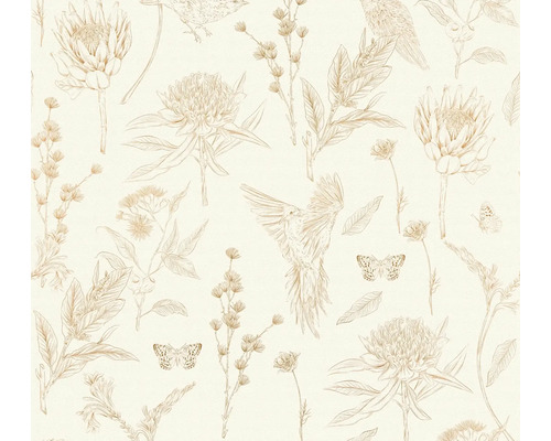Vliestapete 39429-1 Drawn into Nature Blumen beige orange Tapete mit Blüten-, Vogel- und Schmetterlingsmuster
