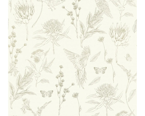 Vliestapete Drawn into Nature Blumen Tieren weiß grün Tapete mit Blumen- und Vogelmuster