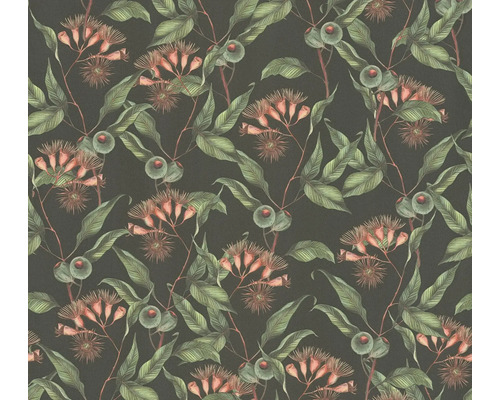 Vliestapete 39430-1 Drawn into Nature Blätter schwarz grün rot Tapete mit Eukalyptusmuster