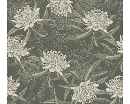 Vliestapete Drawn into Nature Blumen schwarz grün Tapete mit floralem Muster