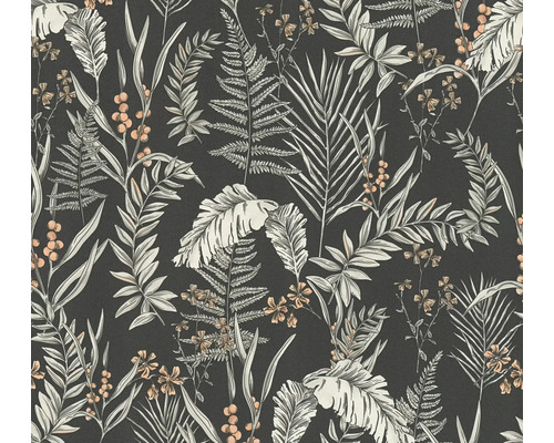 Vliestapete Drawn into Nature blätter dschungel floral natur schwarz weiß orange grau