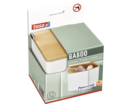 Tesa Baboo Aufbewahrungsbox im Karton mit Powerstrips Waterproof Technologie und Symbol für keine Bohrmaschine