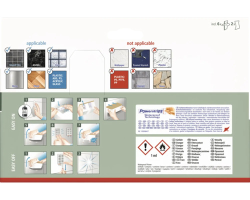 Informationen zur Anwendung von Klebestreifen auf verschiedenen Oberflächen sowie Montage- und Demontageanleitung