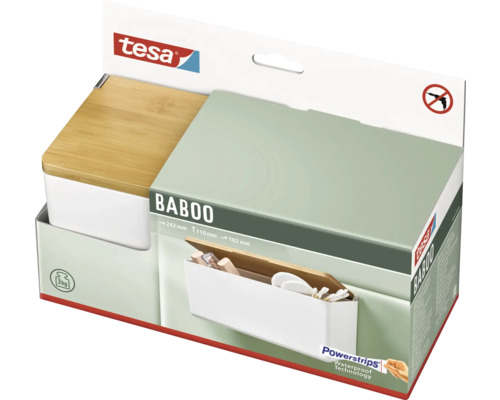 Tesa Baboo Aufbewahrungsbox und Wand-Organizer mit Bambusdeckel in der Verpackung.