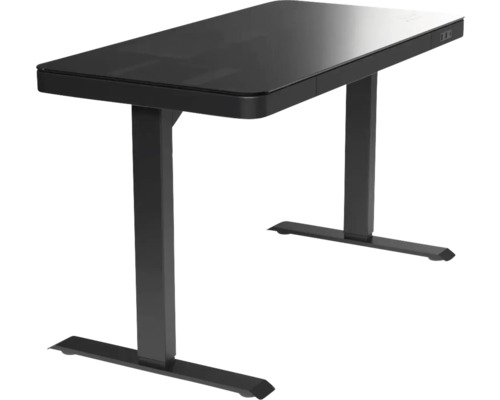 Höhenverstellbarer Schreibtisch mit Glasplatte und Stahlgestell