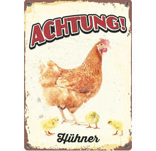 Dekoratives Schild mit Hühner-Motiv und dem Wort Achtung