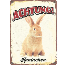 Metallschild mit Kaninchenmotiv und dem Schriftzug Achtung Kaninchen