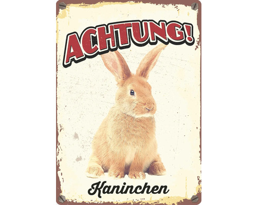 Metallschild mit Kaninchenmotiv und dem Schriftzug Achtung Kaninchen