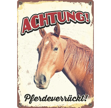 Metallschild mit Pferde Motiv und dem Schriftzug Achtung! Pferdeverrückt!