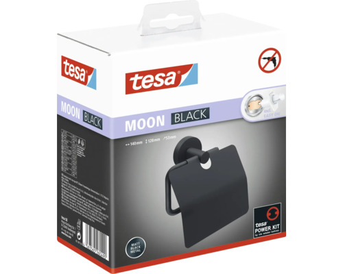 Verpackung einer schwarzen Tesa Moon Toilettenpapierrollenhalterung aus Metall