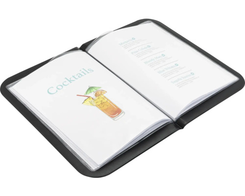 Geöffnete Cocktailkarte mit Abbildungen und Beschreibungen