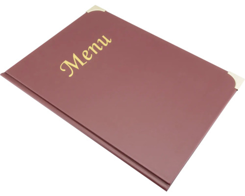 Speisekarte mit goldenem Schriftzug und Metallecken