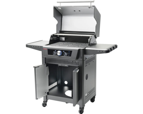 Gasgrill mit offenem Deckel, Bedienelementen und Stauraum