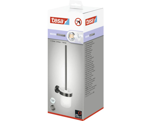 Verpackung einer Tesa Moon Graphite WC-Bürstengarnitur mit Glasbehälter
